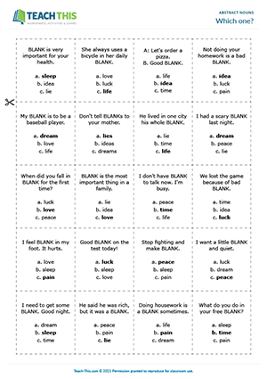 ESL Abstract Nouns Game preview, Pre-intermediate A2, matching, gap-fill, group work