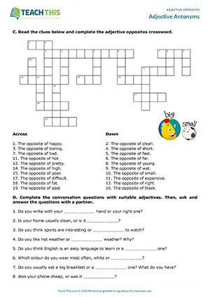 ESL opposite adjectives worksheet for elementary A1-A2, gap-fill, matching, crossword, pair speaking practice