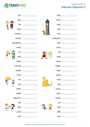 ESL adjective opposites game and writing worksheet for pre-intermediate A2, providing antonyms, forming sentences, story writing