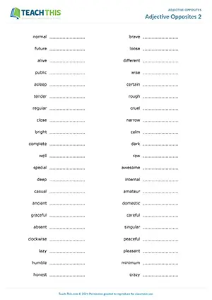 ESL adjective opposites worksheet and game for upper-intermediate B2, providing antonyms, forming sentences, story writing