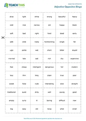 ESL opposite adjectives bingo game for pre-intermediate A2, matching antonyms, group and pair work