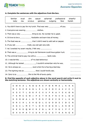 ESL adjective opposites worksheet for upper-intermediate B2, gap-fill, word search, matching, pair speaking