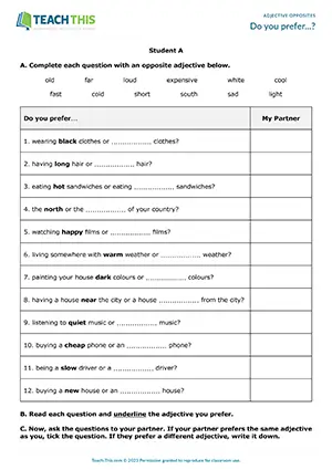 ESL opposite adjectives speaking activity for elementary A1-A2, gap-fill, asking and answering, group and pair work