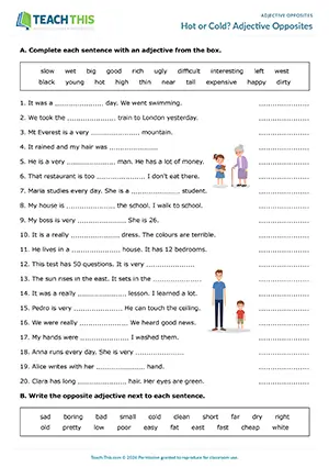 ESL opposite adjectives worksheet for elementary A1-A2, gap-fill, matching, crossword, pair speaking practice