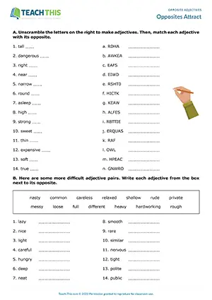 ESL adjective opposites worksheet for intermediate B1, unscrambling, matching, error correction, gap-fill