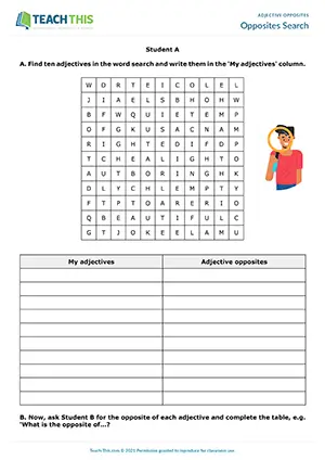 ESL adjective opposites word search and speaking worksheet for elementary A1-A2, matching antonyms, pair work