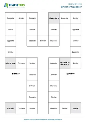 ESL adjective opposites board game for intermediate B1, naming opposites and synonyms, group work