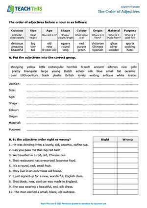 order adjective adjectives worksheets activities esl worksheet sentences games teach put correct words students