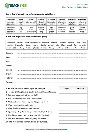 ESL adjective order worksheet for intermediate B1, categorising, identifying errors, ordering, writing sentences