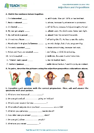 ESL adjective-preposition worksheet for intermediate B1, matching, gap-fill, describing, pair speaking