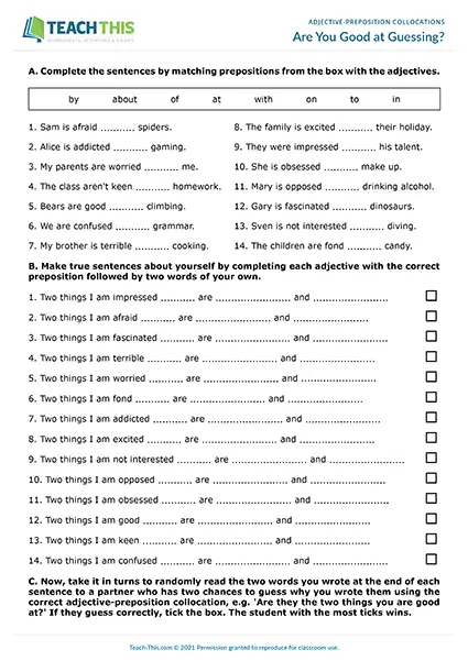 ESL adjective-preposition collocation game for upper-intermediate B2, matching, gap-fill, sentence completion, guessing