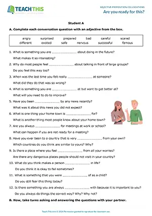 ESL adjective-preposition collocations activity for intermediate B1, gap-fill, conversation, group and pair work