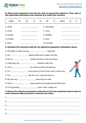 ESL adjective-preposition collocations worksheet for intermediate B1, identifying, matching, gap-fill, writing sentences
