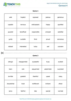 ESL adjective-preposition collocations game for upper-intermediate B2, word association, forming sentences, group work