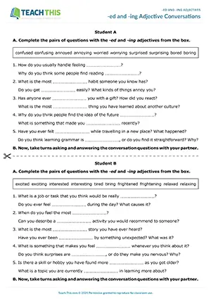 ESL -ed and -ing adjectives speaking activity for intermediate B1, gap-fill, asking and answering, group and pair work