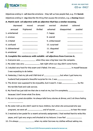 ESL -ED and -ING adjectives worksheet for upper-intermediate B2, matching, gap-fill, binary choice, speaking