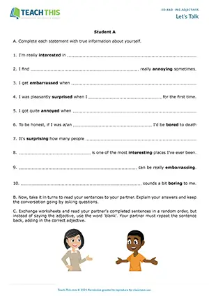 ESL -ed and -ing adjectives communicative activity for upper-intermediate B2, sentence completion, guided discussion, guessing