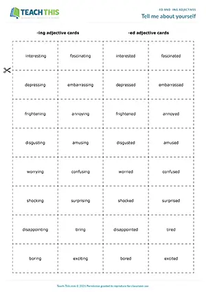 ESL -ed and -ing adjectives game for upper-intermediate B2, matching, forming sentences, group questions