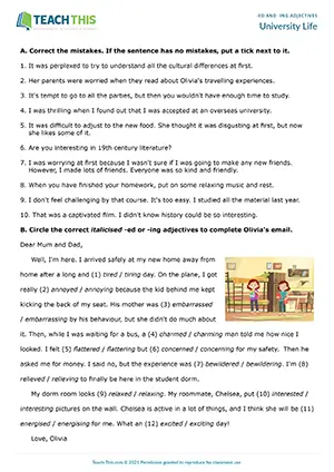 ESL -ed and -ing adjectives worksheet for upper-intermediate B2, error correction, binary choice, gap-fill, email writing