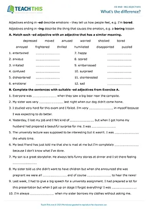 ESL -ed and -ing adjectives worksheet for upper-intermediate B2, matching, gap-fill, binary choice, speaking