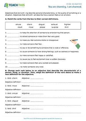 ESL -ed and -ing adjectives worksheet for upper-intermediate B2, matching, changing word forms, defining, gap-fill, describing