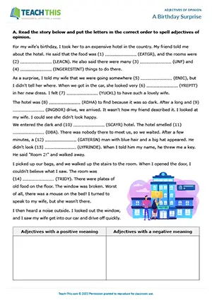 ESL adjectives of opinion worksheet preview for elementary A1-A2, unscrambling, categorising, gap-fill, binary choice, listing