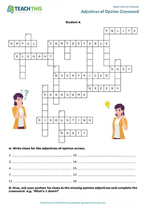 ESL opinion adjectives crossword worksheet for upper-intermediate B2, writing clues, describing, guessing, pair work