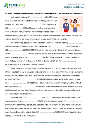 ESL adjectives of opinion worksheet for pre-intermediate A2, unscrambling, gap-fill, table completion, speaking activity