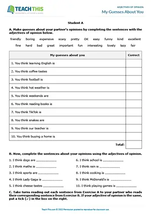 ESL adjectives of opinion game preview for elementary A1-A2, sentence completion, guessing, pair work