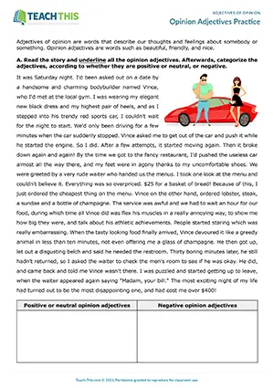 ESL adjectives of opinion worksheet for upper-intermediate B2, identifying, categorising, gap-fill, matching, sentence completion, pair work