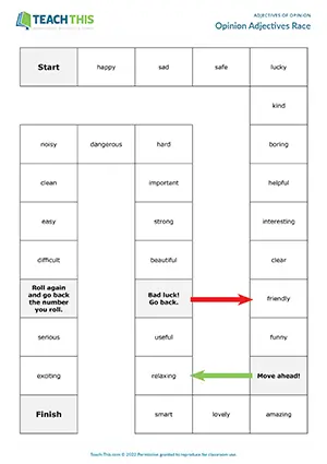 ESL adjectives of opinion board game for pre-intermediate A2, forming sentences from prompts, freer practice, group work