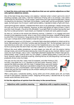 ESL opinion adjectives worksheet for intermediate B1, binary choice, categorizing, gap-fill, pair work