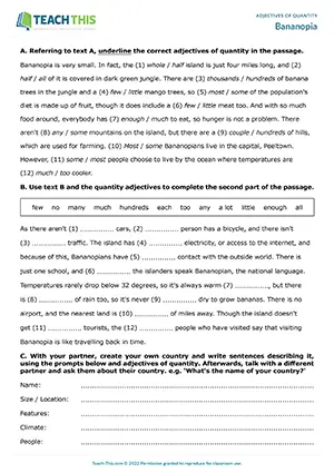 ESL adjectives of quantity speaking and grammar activity for pre-intermediate A2, running dictation, binary choice, gap-fill, writing sentences