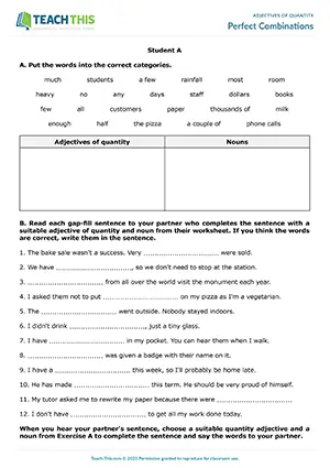 ESL adjectives of quantity activity for upper-intermediate B2, categorizing, identifying, matching, gap-fill, pair work