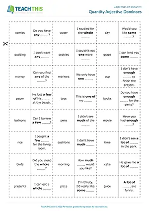 ESL adjectives of quantity game worksheet for pre-intermediate A2, matching, sentence completion, dominoes, group work
