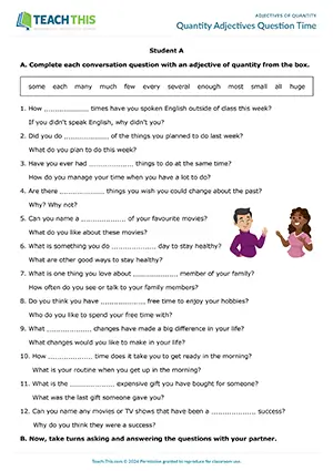 ESL adjectives of quantity activity for pre-intermediate A2, gap-fill, asking and answering questions, group and pair work