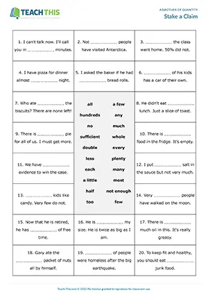 ESL adjectives of quantity board game worksheet for upper-intermediate B2, matching, gap-fill, group work