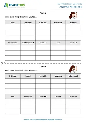 ESL feelings guessing game worksheet for intermediate B1, word association and team competition using adjectives