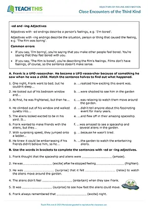 ESL feelings and emotions worksheet for upper-intermediate B2, -ed and -ing adjectives, matching, gap-fill, writing sentences