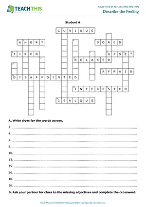 ESL feelings and emotions crossword worksheet for intermediate B1, writing clues, describing and guessing adjectives in pairs