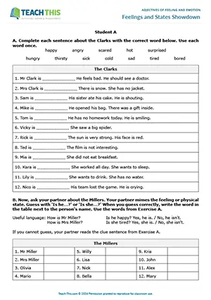 ESL beginner adjectives of feelings and states activity preview showing gap-fill, information-gap, asking questions, miming, guessing, controlled practice for A1 level students