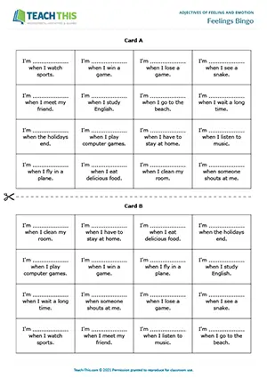 ESL feelings game worksheet preview for elementary A1-A2, bingo activity using feelings dice and sentence completion