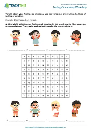 ESL feelings and emotions worksheet preview for elementary A1-A2, vocabulary word search, matching, gap-fill, pair speaking practice