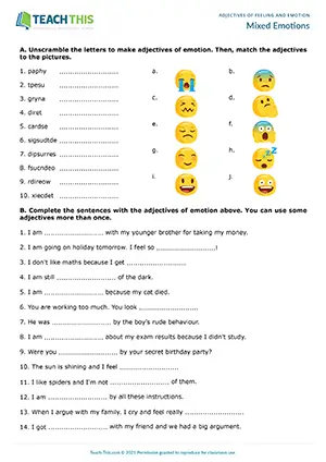 ESL adjectives of emotion worksheet for intermediate B1, unscrambling, matching, crossword, writing sentences