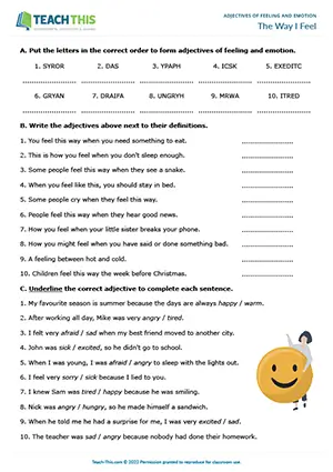 ESL feelings and emotions worksheet preview for elementary A1-A2, unscrambling, matching, gap-fill, guessing adjectives activity