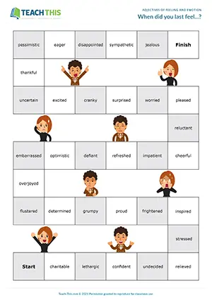 ESL feelings and emotions board game for upper-intermediate B2, true or false, asking and answering, guessing, freer practice