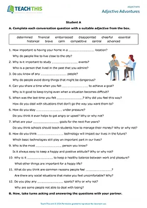 ESL Adjectives Activity preview, Intermediate B1, completing, asking and answering questions from prompts, group and pair work