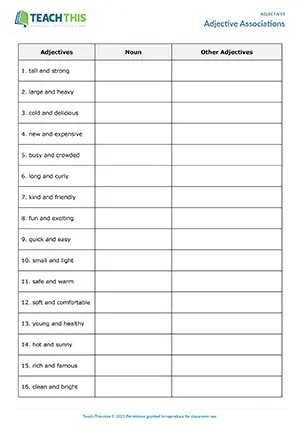 ESL elementary adjectives game preview featuring brainstorming activities, word association exercises, spelling practice, and pair work for A1-A2 level students