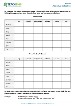 ESL beginner adjectives game preview showing vocabulary practice with everyday items, grid-based exercises, and pair work activities for A1 level students