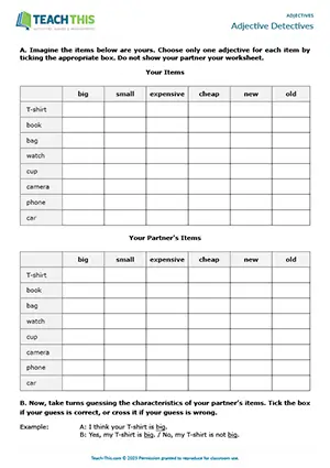 ESL beginner adjectives game preview showing vocabulary practice with everyday items, grid-based exercises, and pair work activities for A1 level students